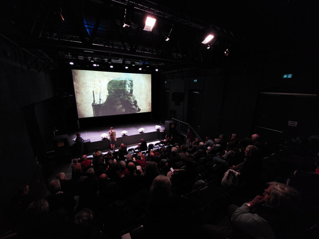 Salle de projection d'un film d'archéologie avec public dans le cadre du FIFAN